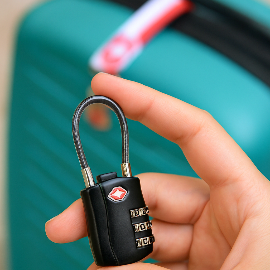 Hand holding a small black combination lock with a blurred teal suitcase in the background