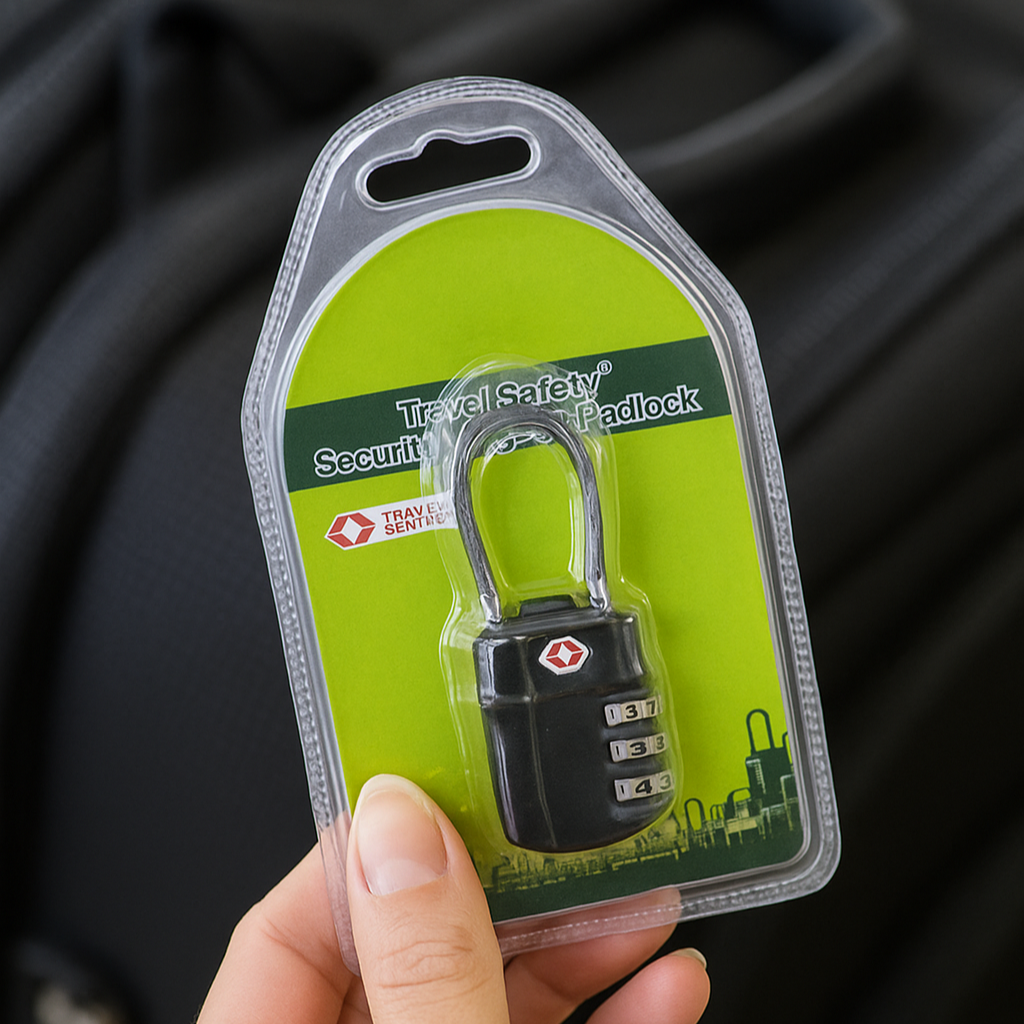 Hand holding a travel safety lock in its packaging against a black suitcase background