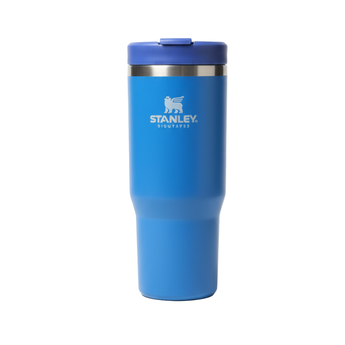 Blue Stanley tumbler on a white background
