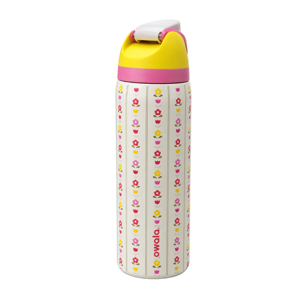 An Owala insulated water bottle with a cream-colored body decorated with vertical columns of small pink, yellow, and red flower motifs. The bottle features a bright yellow lid, a pink band, and a white flip-top cap, with the 'owala' brand name printed vertically in red near the bottom.