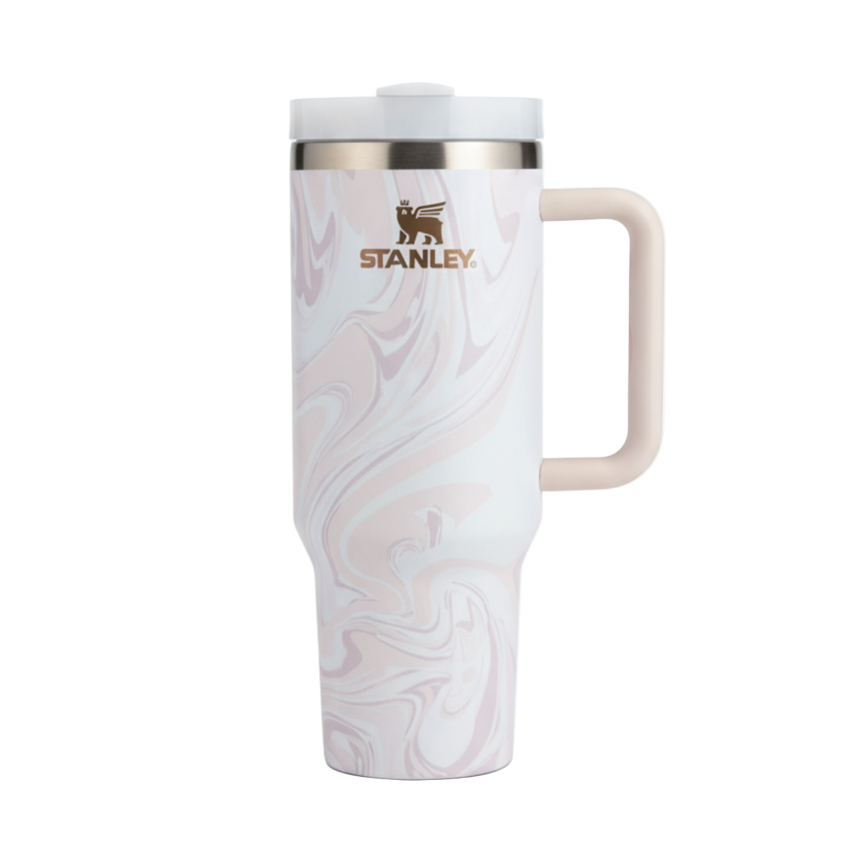 Stanley travel mug with marbled design on a white background