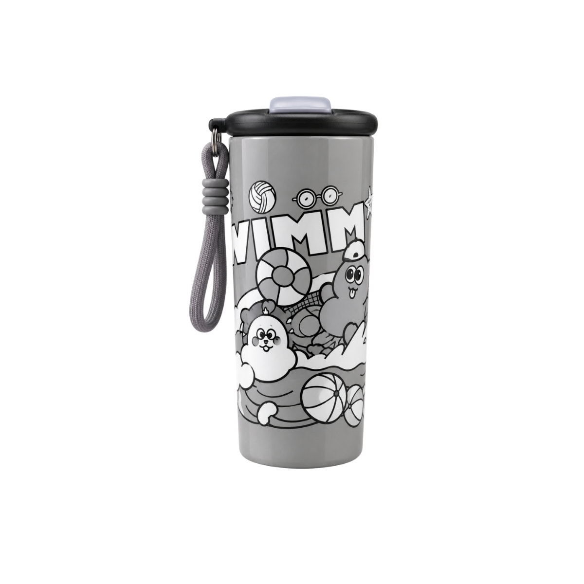 A gray travel tumbler with a black lid and a gray wrist strap, featuring a black and white cartoon illustration of a beach-themed character and the word 'SWIM'.
