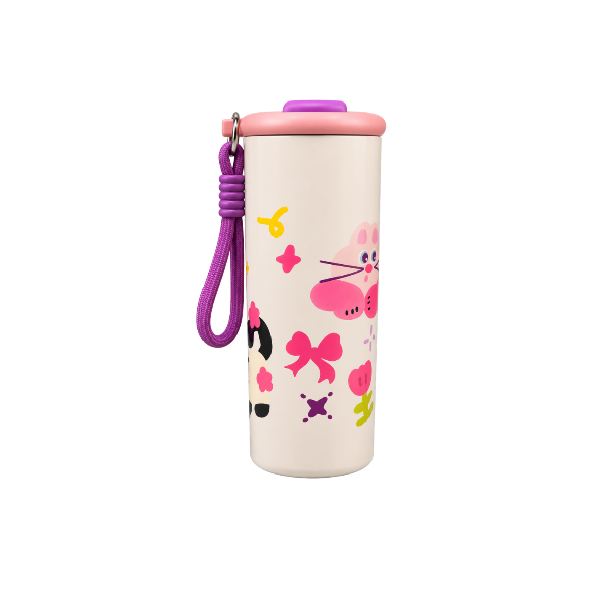 A cream-colored insulated water bottle with a pink lid and a purple wrist strap, decorated with a pink cartoon cat face and colorful bow and flower motifs.