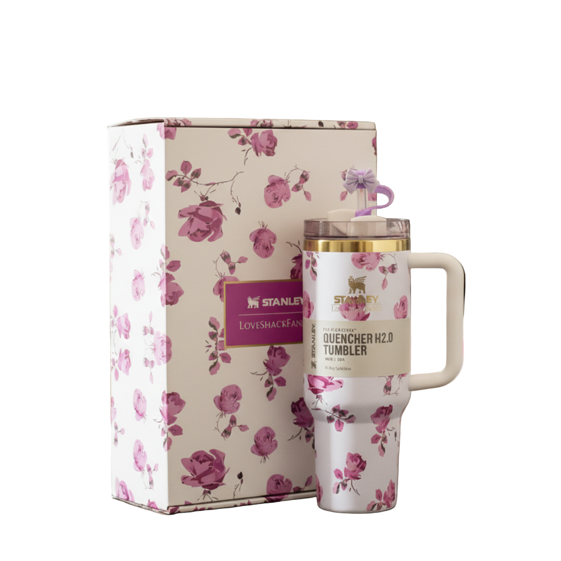 Floral-patterned tumbler and packaging on a kitchen counter