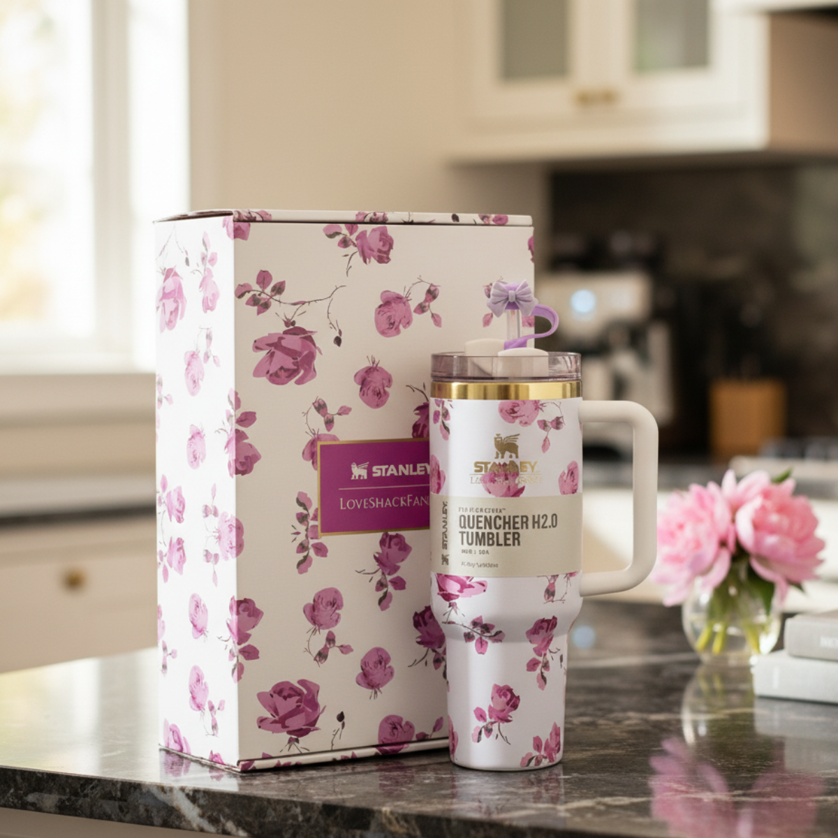 Love Shack Fancy Quencher H2.0 Flowstate Tumbler 40 OZ - Ribbon Rosa