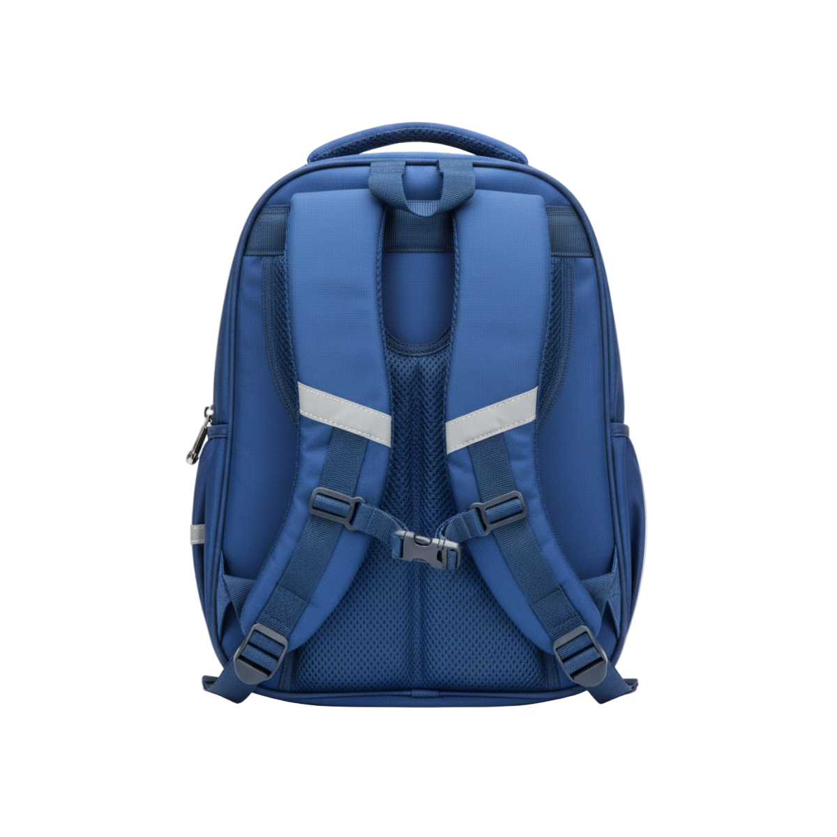 Blue backpack with reflective stripes on a white background