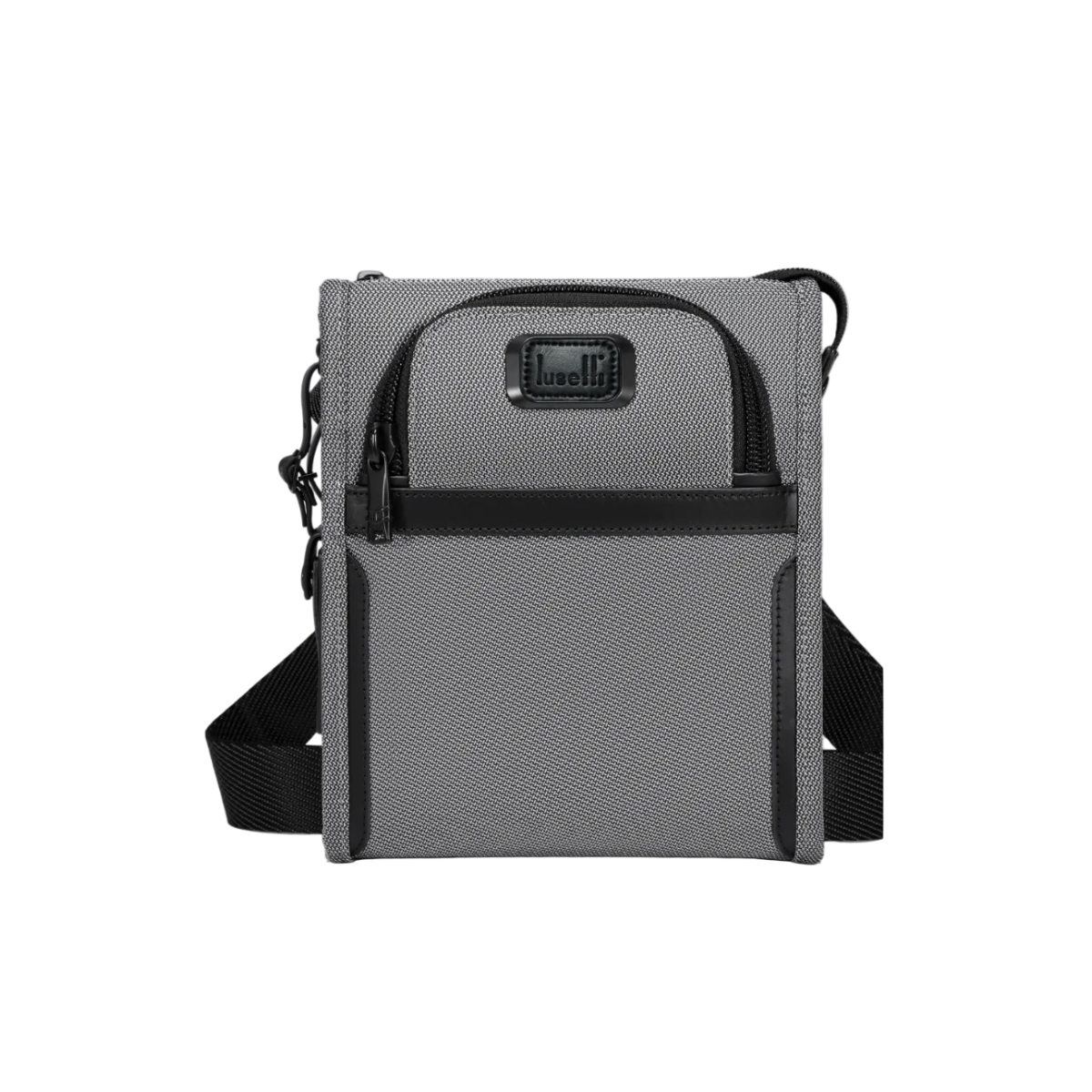 A gray and black textured crossbody bag with a front zippered pocket and a black brand plaque reading 'LUSETTI'.