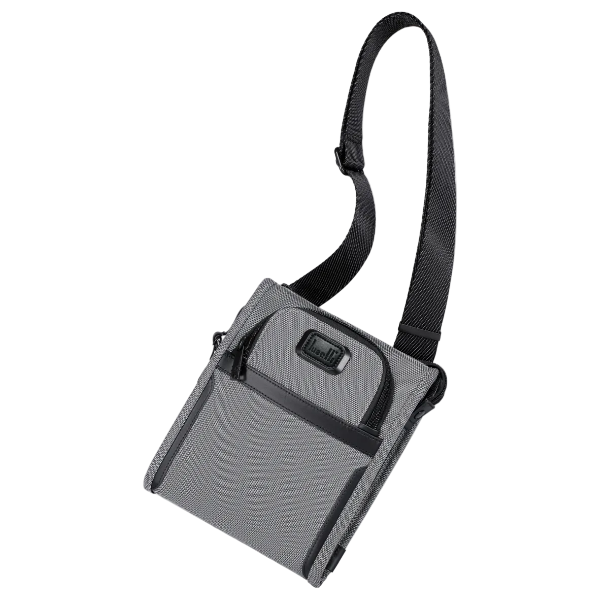 A gray and black crossbody utility bag with a textured fabric body, black adjustable strap, and front zippered pocket, shown on a plain white background.
